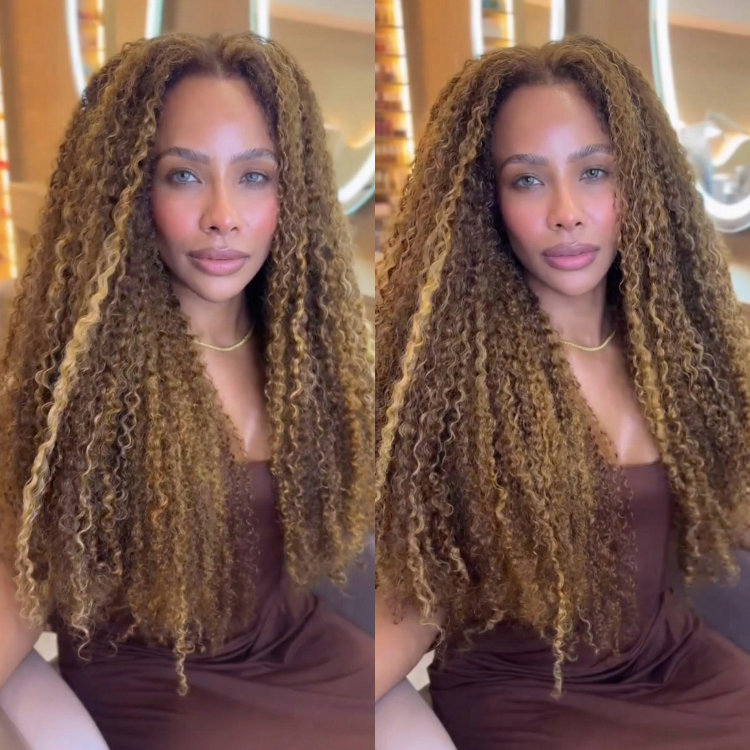 Honey Blonde Highlight Kinky Curly Human Hair Wig Glueless Lace Frontal Wig Brown Balayage Curly Wig for Women - Rafarada