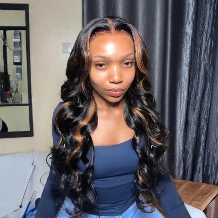 Loose Body Wave Lace Front Wig with Caramel Honey Blonde Money Piece Highlights Glueless Pre-Plucked HD Lace Human Hair Wig - Rafarada