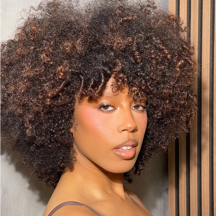 Mixed Brown Coily Afro Bob Wig Highlights Color Afro Kinky Curly Human Hair - Rafarada
