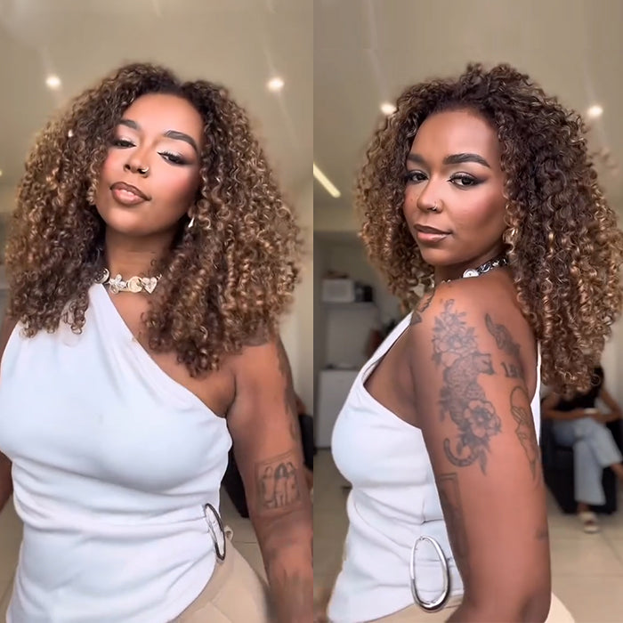 Highlight Honey Blonde Afro Curly Human Hair Wigs Ombre Brown Mixed Blonde Wigs for Women - Rafarada