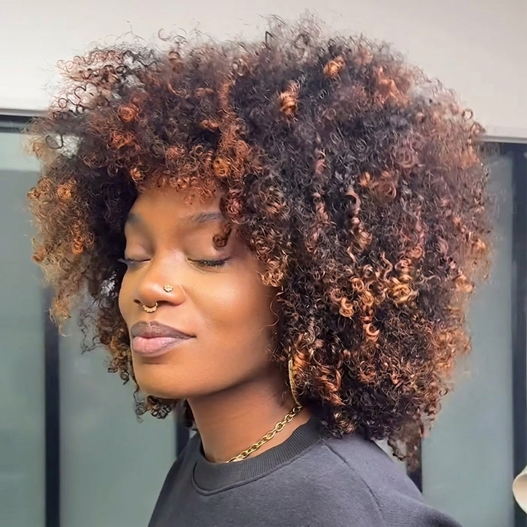 Vibrant Kinky Curly High-Definition Lace Wig Natural Black with Copper Highlights Hair - Rafarada