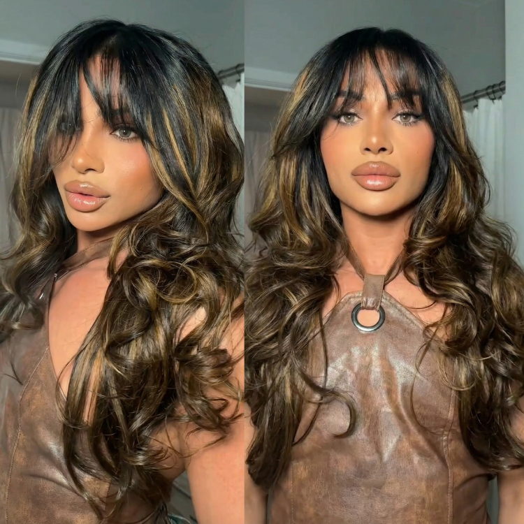 Long Bouncy Body Wave Highlight Brown Wig with Bangs Glueless Face Framing Human Hair Wig - Rafarada