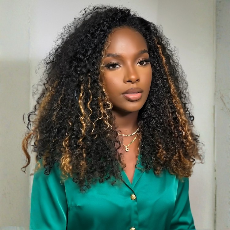 Honey Blonde Highlight Kinky Curly Lace Front Wig Long Voluminous Piano Color Curly Ombre Highlight Deep Curly Wig - Rafarada