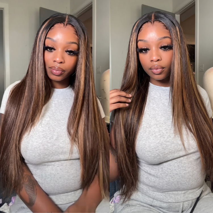 Lace Wig with Bangs Highlight Human Hair Layered Straight Hair Free Part Human Hair - Rafarada