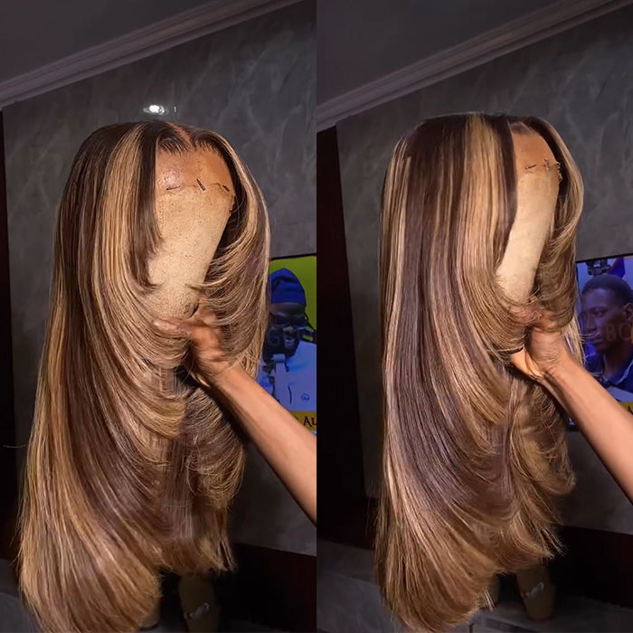 Honey Blonde Highlight Lace Front Human Hair Wigs with Layers Piano Color Chocolate Brown Roots Straight Layered Hair Wig for Women - Rafarada