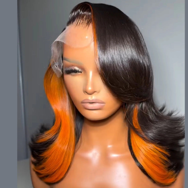 Ombre Black With Orange Color Bob Body Wave Hair Lace Front Wig - Rafarada