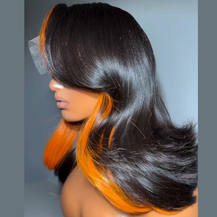 Ombre Black With Orange Color Bob Body Wave Hair Lace Front Wig - Rafarada