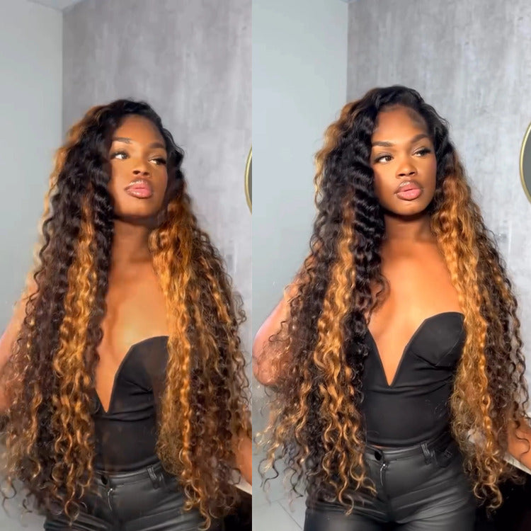 Highlight Honey Blonde Color Deep Wave Human Hair Wig Lace Front Wig - Rafarada