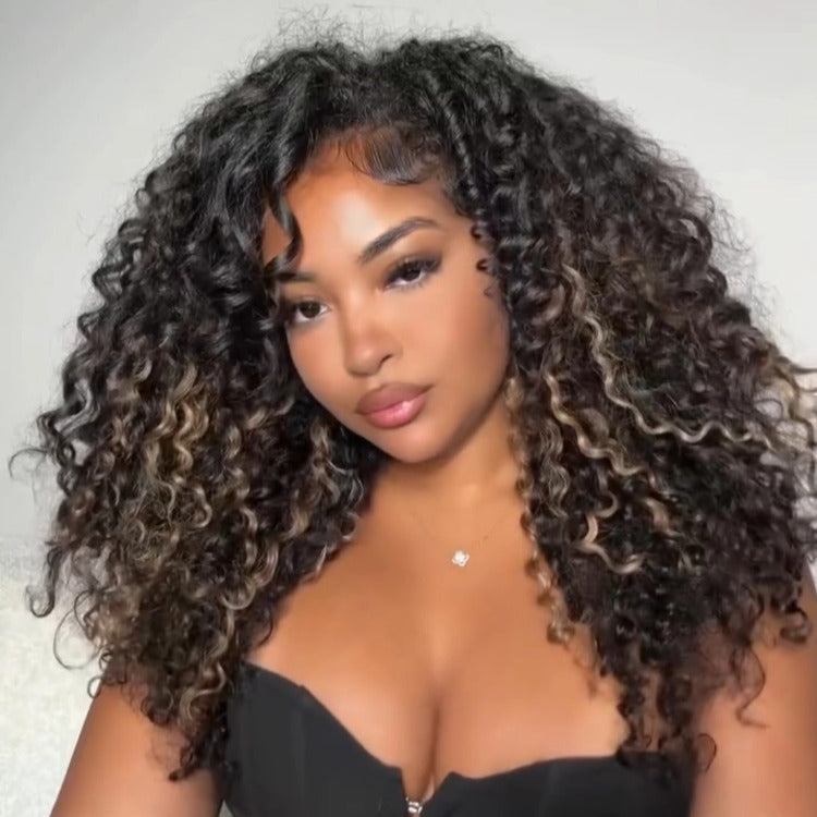 Flash Sale | Bouncy Curly Wig Highlight Color Clip In Wave 13x4 HD Lace Frontal Human Hair Wig Colored Wig - Rafarada