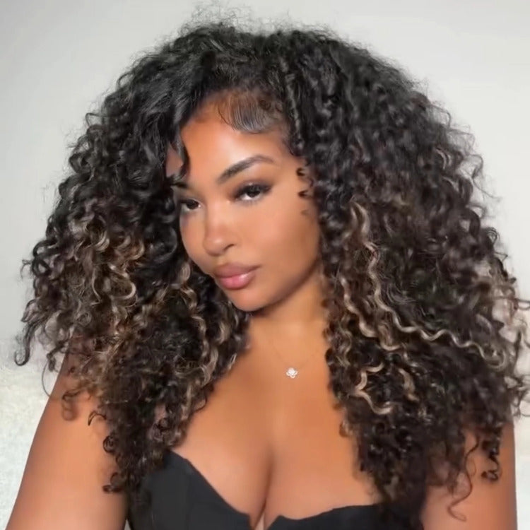 Flash Sale | Bouncy Curly Wig Highlight Color Clip In Wave 13x4 HD Lace Frontal Human Hair Wig Colored Wig - Rafarada