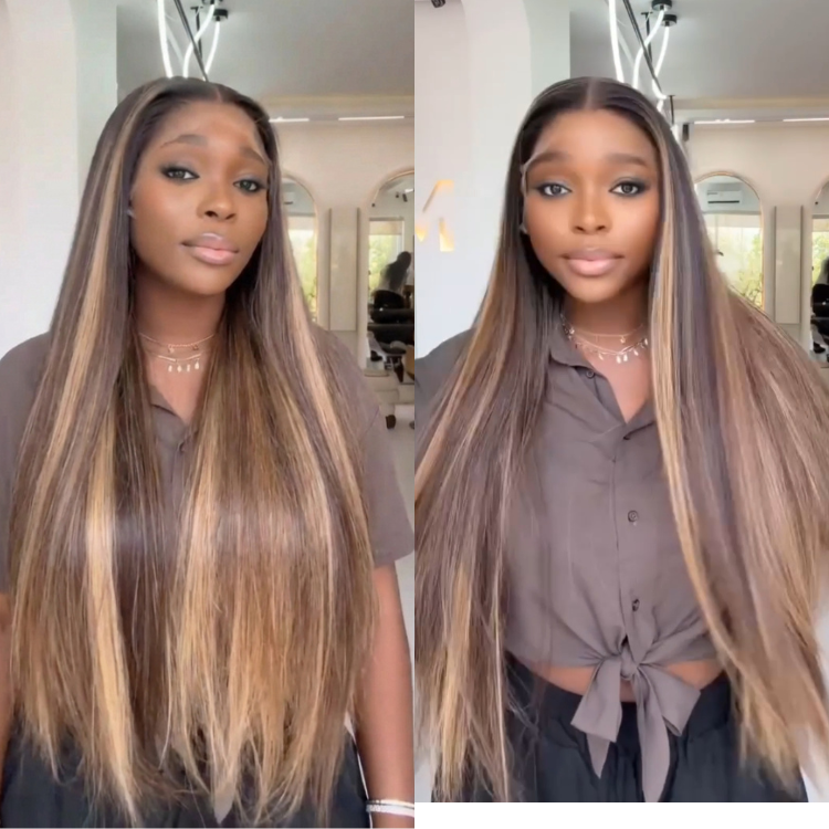 Glueless Highlight Straight Lace Wig Ombre Brown Honey Blonde Pre-plucked Bone Straight Hair - Rafarada