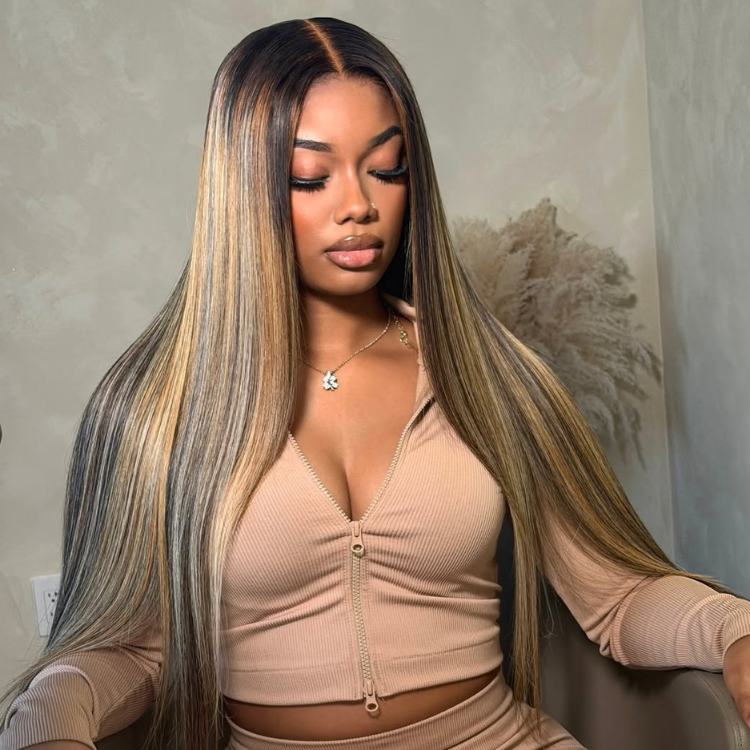 Silky Straight Highlight Wig with Money Piece Blonde Striped Glueless Wear and Go Wig for Women - Rafarada