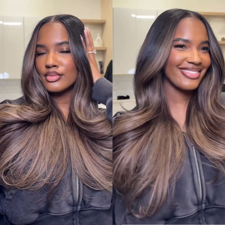 Balayage Brown Body Wave Lace Front Human Hair Wigs Ash Brown Highlights Ombre Glueless Wig for Women - Rafarada