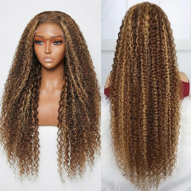 Honey Blonde Highlight Kinky Curly Human Hair Wig Glueless Lace Frontal Wig Brown Balayage Curly Wig for Women - Rafarada