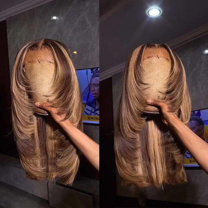 Honey Blonde Highlight Lace Front Human Hair Wigs with Layers Piano Color Chocolate Brown Roots Straight Layered Hair Wig for Women - Rafarada