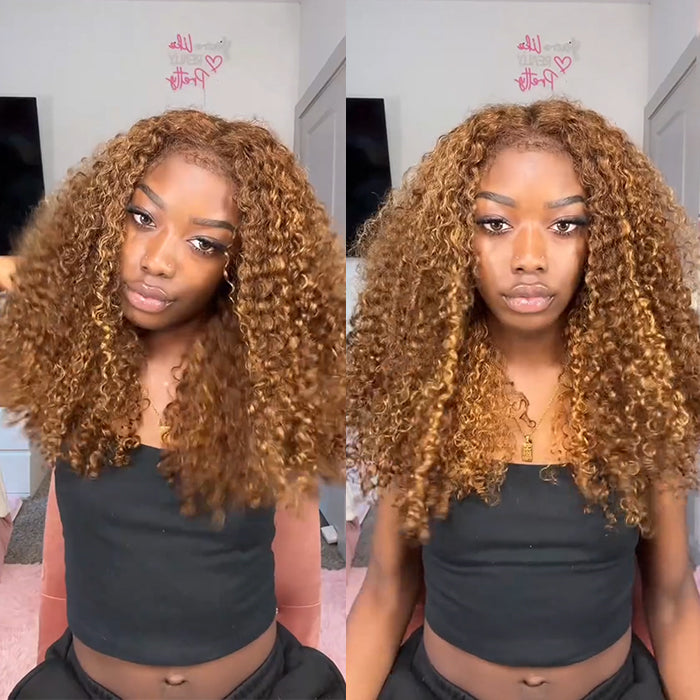 Piano Highlight Kinky Jerry Curly Lace Wig Honey Blonde High Density Human Hair with Baby Hair Wig - Rafarada