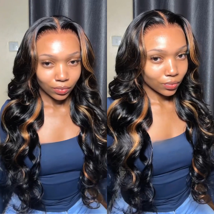 Loose Body Wave Lace Front Wig with Caramel Honey Blonde Money Piece Highlights Glueless Pre-Plucked HD Lace Human Hair Wig - Rafarada