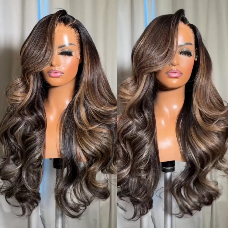Piano Color Highlight Body Wave Wig, Caramel Highlights Side Part Layered Long Hair for Women - Rafarada