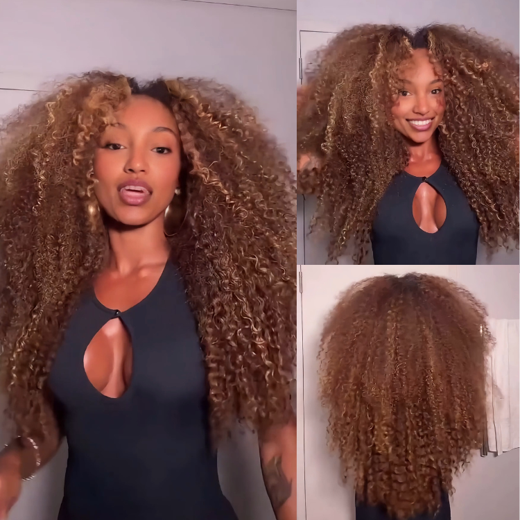 Honey Blonde Highlight Kinky Curly Human Hair Wigs High Density Bouncy Curly Lace Frontal Wig Balayage Mix Color Hair - Rafarada