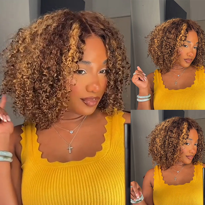 Highlight Brown Piano Color Deep Curly Glueless Human Hair Wig Pre-plucked With Baby Hair Bob Wig - Rafarada