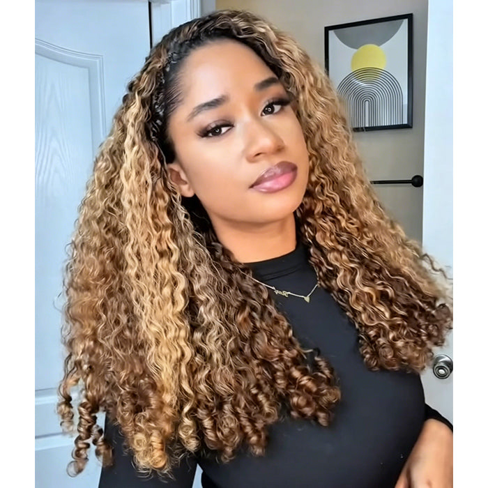 Glueless 3/4 Half Wig Human Hair Burmese Curly P4/27 Highlight Honey Blonde Half Wig for Women - Rafarada
