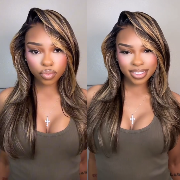 Piano Color Highlighted Body Wave Wig Glueless Layered Side Part Human Hair Wig - Rafarada