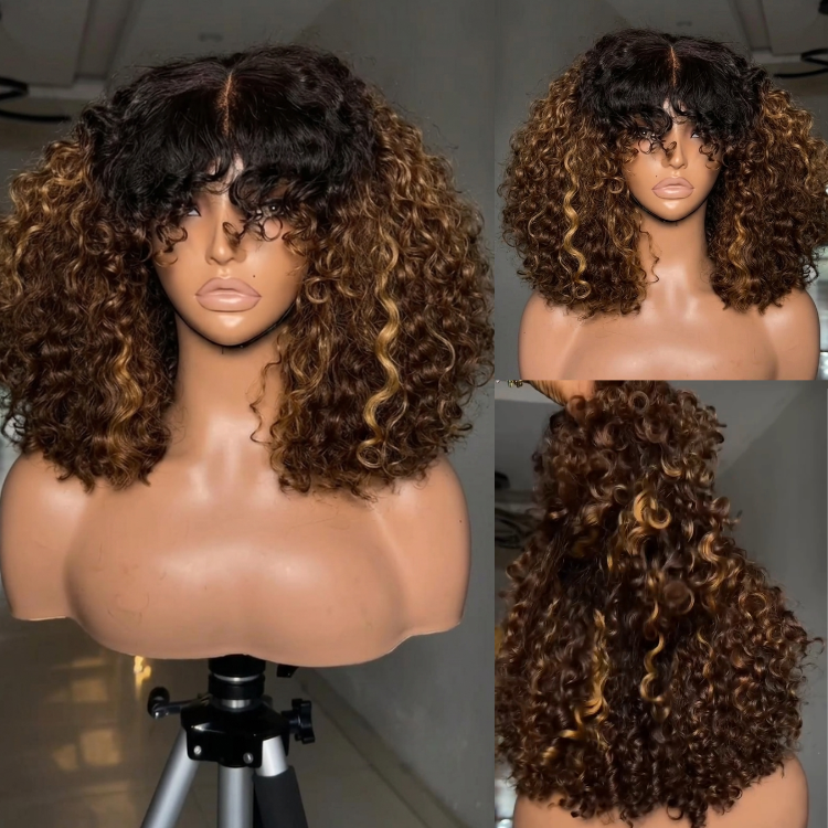 Glueless Kinky Curly Human Hair Wig with Bangs High Density Short Curly Bob Wig for Women - Rafarada