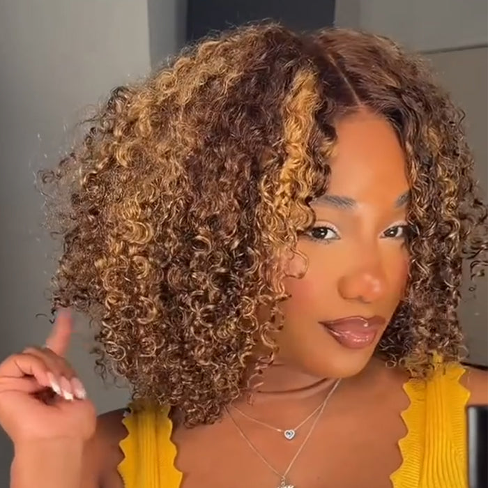 Highlight Brown Piano Color Deep Curly Glueless Human Hair Wig Pre-plucked With Baby Hair Bob Wig - Rafarada