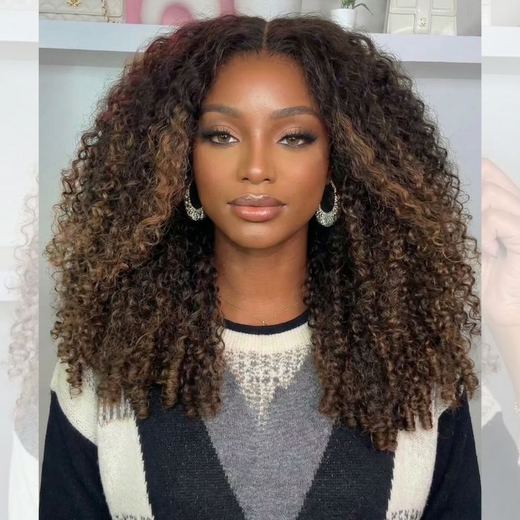 Honey Blond Highlight Burmerse Curly Lace Front Human Hair Wigs Glueless Wear Go Wigs