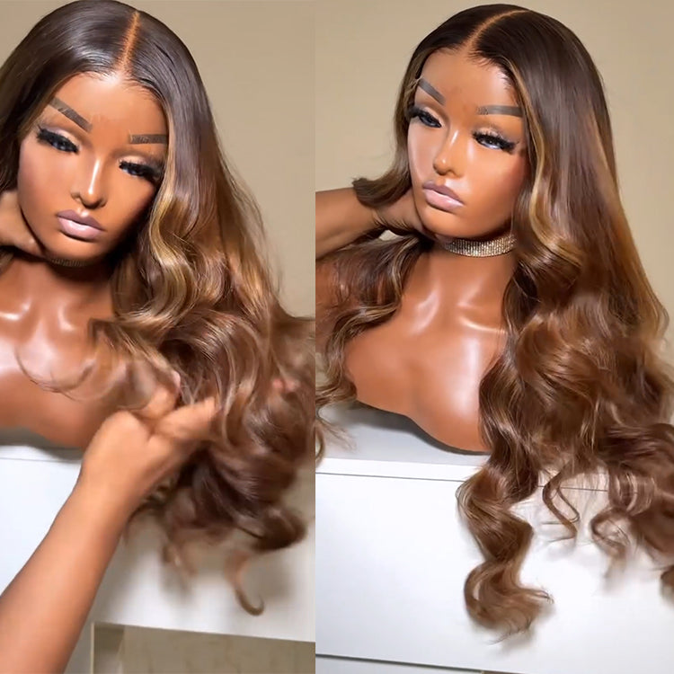 Honey Blonde Higlight Body Wave Human Hair Wig Lace Front Wig - Rafarada