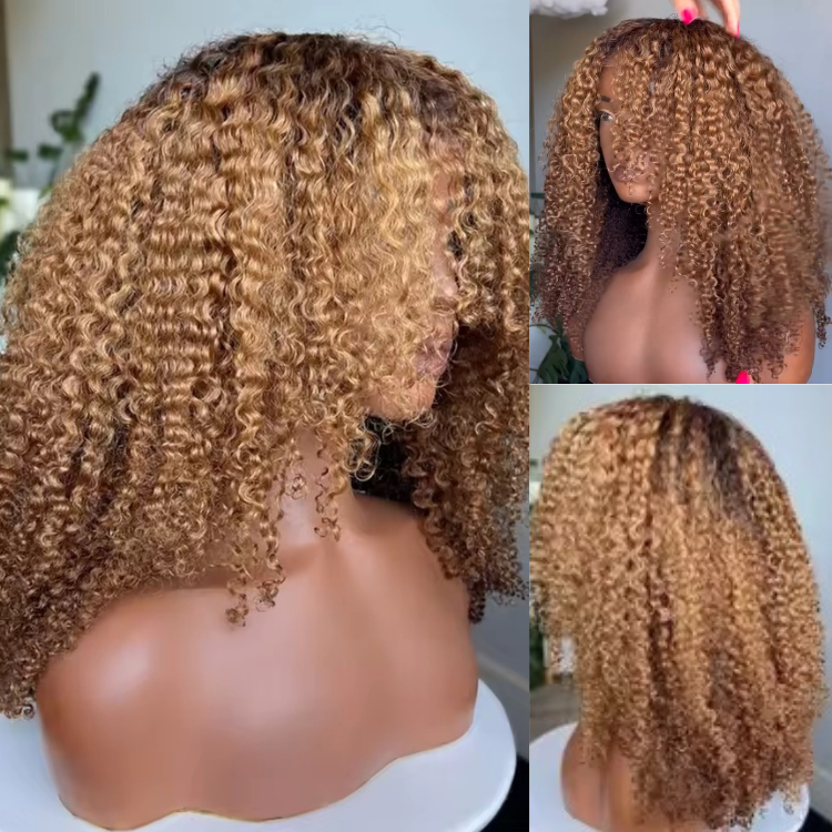 Honey Glaze Short Dark Root Ombre Kinky Curly Hair Extra Full Bouncy Curly Glueless Brown Jerry Curl Wig - Rafarada