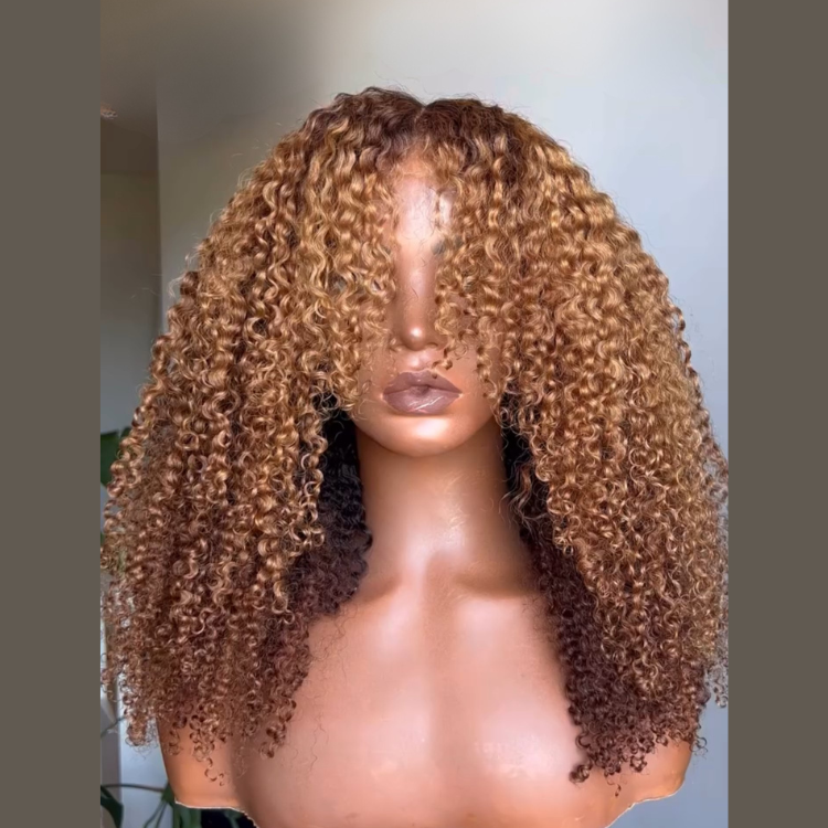 Honey Glaze Short Dark Root Ombre Kinky Curly Hair Extra Full Bouncy Curly Glueless Brown Jerry Curl Wig - Rafarada