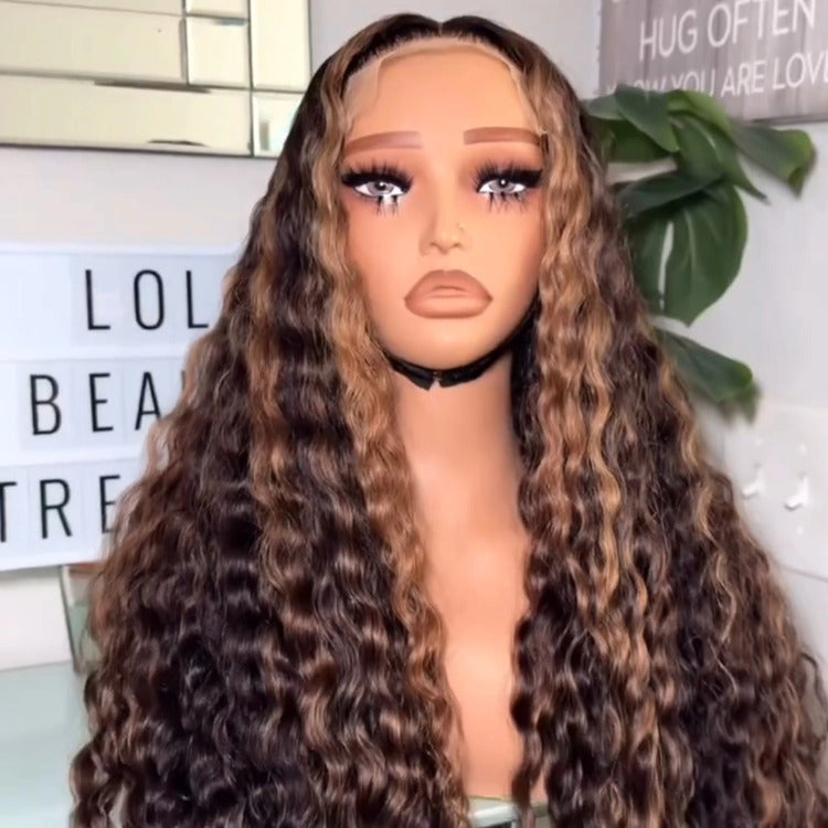 Highlight Golden Color Glueless Lace Front Wig Human Hair Deep Wave Wigs - Rafarada