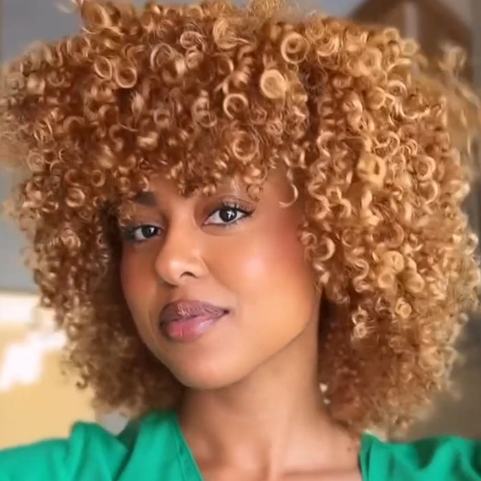 Short Bob Honey Blonde Color Afro Kinky Curly Human Hair Wig With Bangs Tight Coil Wig For Women- Rafarada