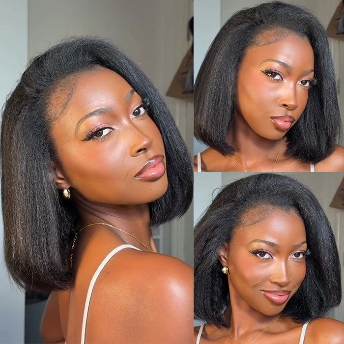 Natural Black Yaki Straight Short Bob Half Wig Seamless Blend Throw & Go Wig - Rafarada