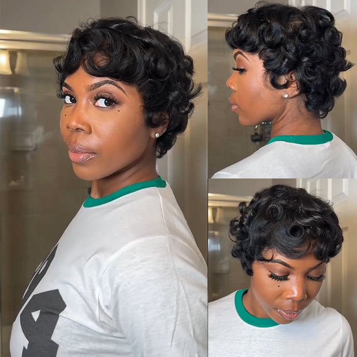 Full Lace Free Part Wig Short Pixie Cut Loose Curly Human Hair Lace Front Wigs Natural Black Color For Women - Rafarada