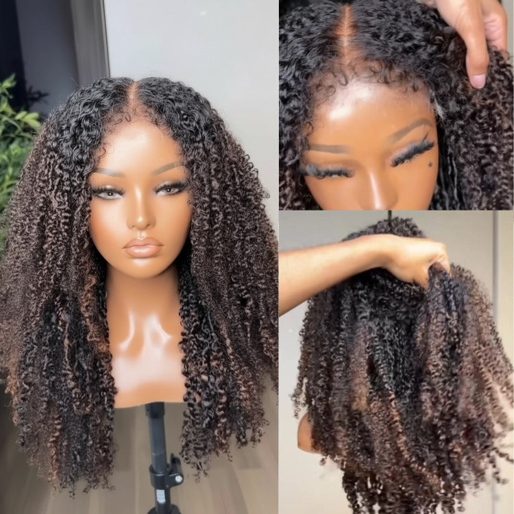 Glueless Small Kinky Curly Human Hair Wig Highlight Color Pre-Plucked Natural Hairline Beginner Friendly Coily Curly Lace Wig - Rafarada