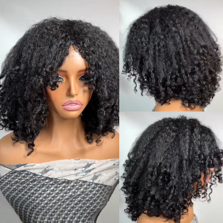 Premium Natural Black Kinky Coiled Fusion Hair V-part Glueless Wig Kinky Straight with End Curl Hair - Rafarada