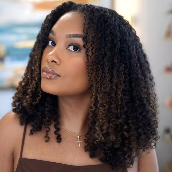 Glueless Kinky Curly Wig with Golden Brown Highlights Natural Black Ombre Human Hair Wigs - Rafarada