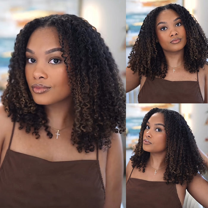 Glueless Kinky Curly Wig with Golden Brown Highlights Natural Black Ombre Human Hair Wigs - Rafarada