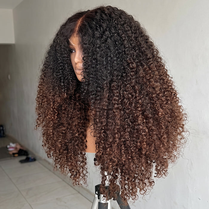 Ombre With Brown Color Kinky Curly Human Hair Wig Glueless HD Lace Wig With Natural Color With Brown Ombre Color - Rafarada