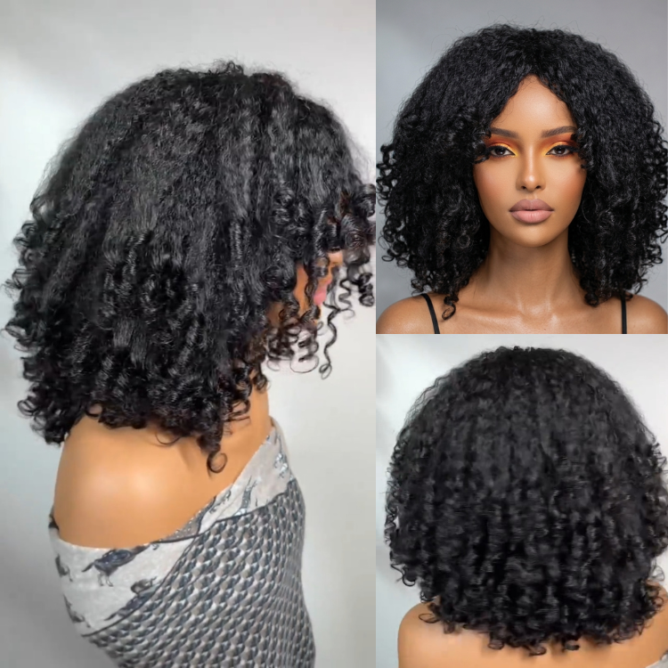 Premium Natural Black Kinky Coiled Fusion Hair V-part Glueless Wig Kinky Straight with End Curl Hair - Rafarada
