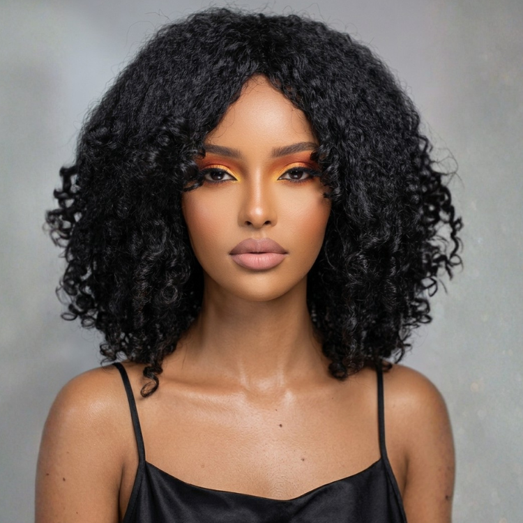 Premium Natural Black Kinky Coiled Fusion Hair V-part Glueless Wig Kinky Straight with End Curl Hair - Rafarada