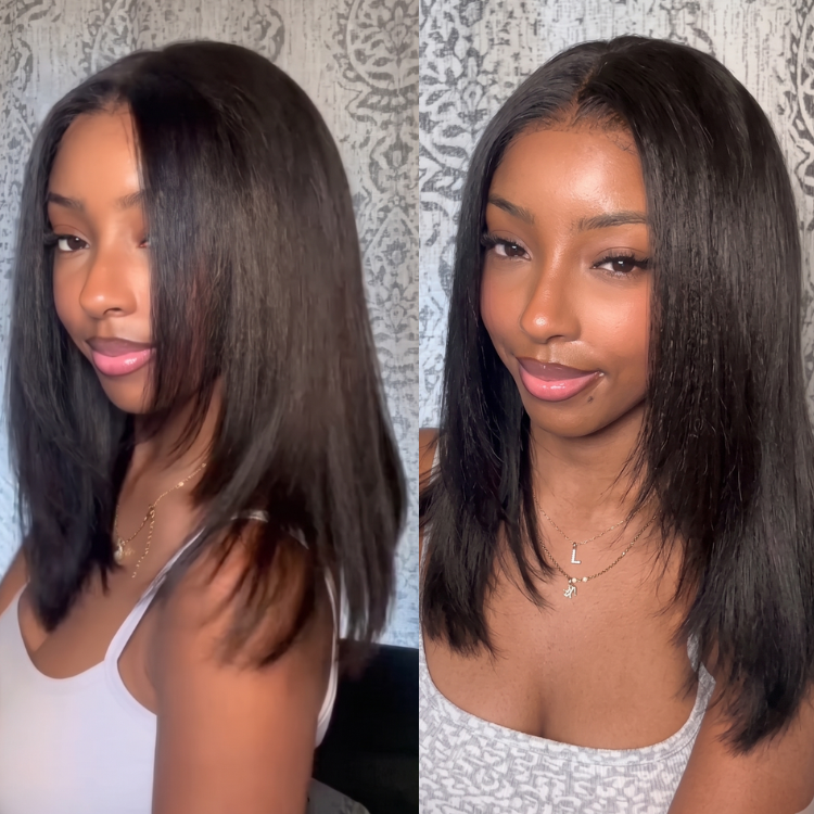 Light Yaki Straight Layered Cut Wig - Pre-Plucked Natural Black Human Hair Wigs with Face-Framing Layers - Rafarada