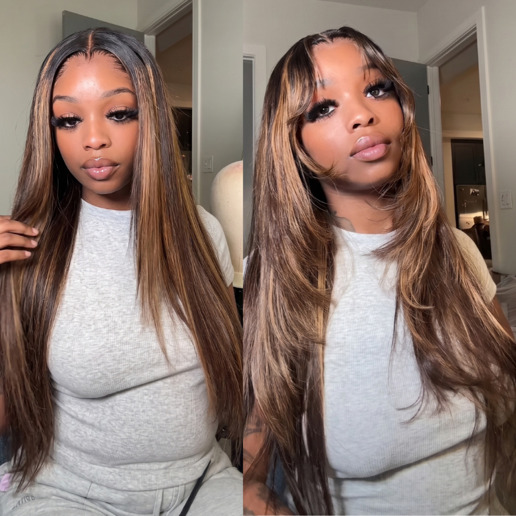 Lace Wig with Bangs Highlight Human Hair Layered Straight Hair Free Part Human Hair - Rafarada