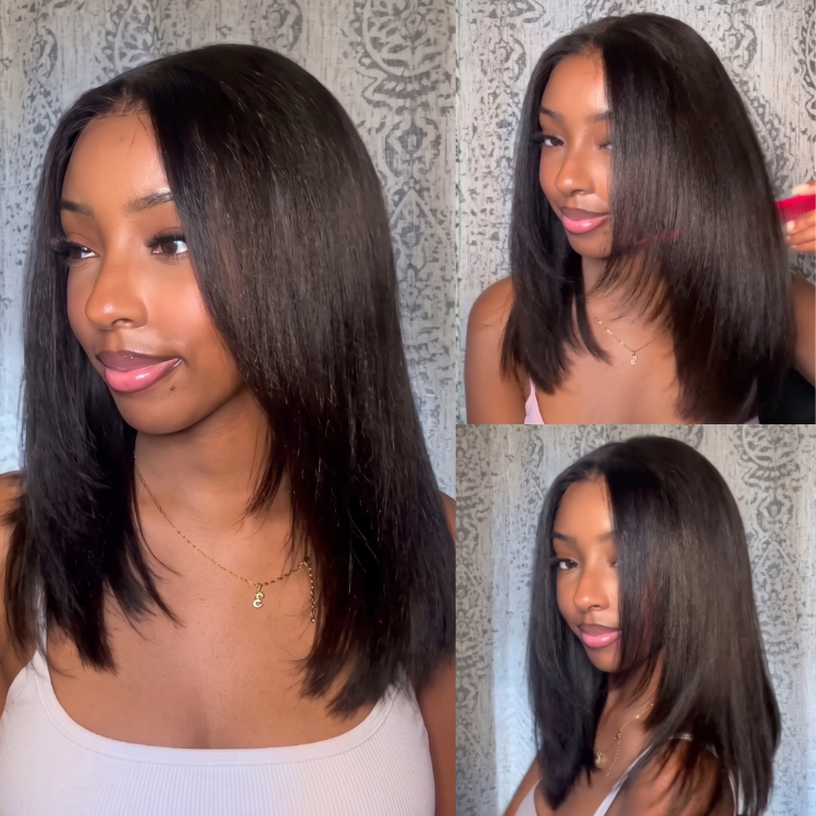 Light Yaki Straight Layered Cut Wig - Pre-Plucked Natural Black Human Hair Wigs with Face-Framing Layers - Rafarada