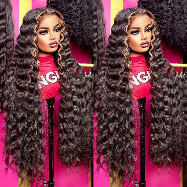 Long Loose Deep Wave Blond Highlight Wig Colored Human Hair Lace Front Wigs Black Wig With Blond Highlights - Rafarada