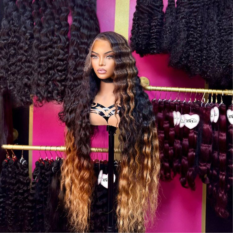13x4 Long Loose Deep Wave Ombre Blond Highlight Wig Colored Human Hair Wigs - Rafarada