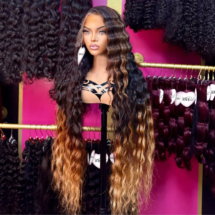 13x4 Long Loose Deep Wave Ombre Blond Highlight Wig Colored Human Hair Wigs - Rafarada