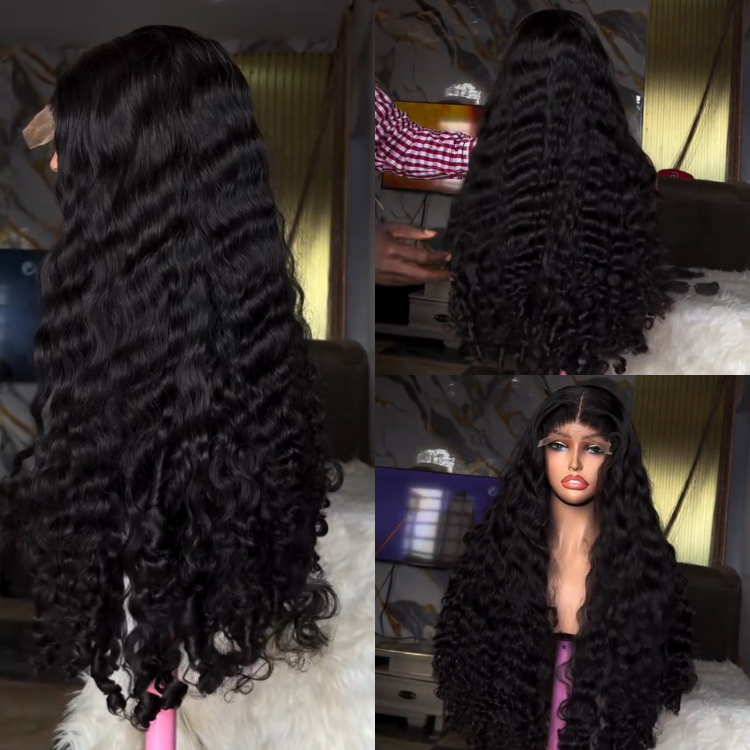 Natural Black Loose Burmese Curls Wig Glueless Middle Part Curly Wig Bouncy Romance Curls Human Hair for Women - Rafarada